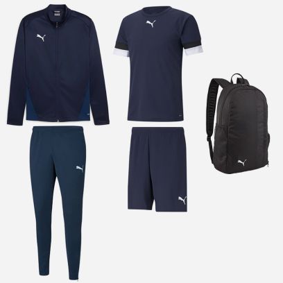 Conjunto Puma teamGOAL para Hombre. Chándal + Camiseta + Pantalón corto + Mochila (5 productos)