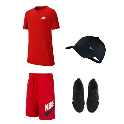 Ensemble été Nike enfant Pack 4 pièces T-shirt Nike Sportswear Short Nike Sportswear Casquette Nike Heritage Chaussures Nike Multi-Court AR5254 CK0509 AV8055 DM9027
