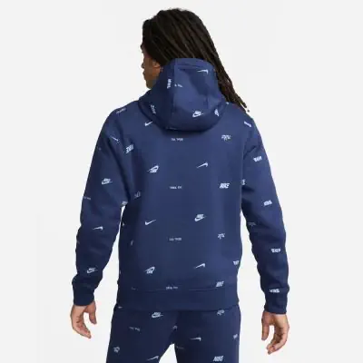 Felpa con cappuccio blu Nike Club Fleece Allover Print Uomo FB7434 410 EKINSPORT